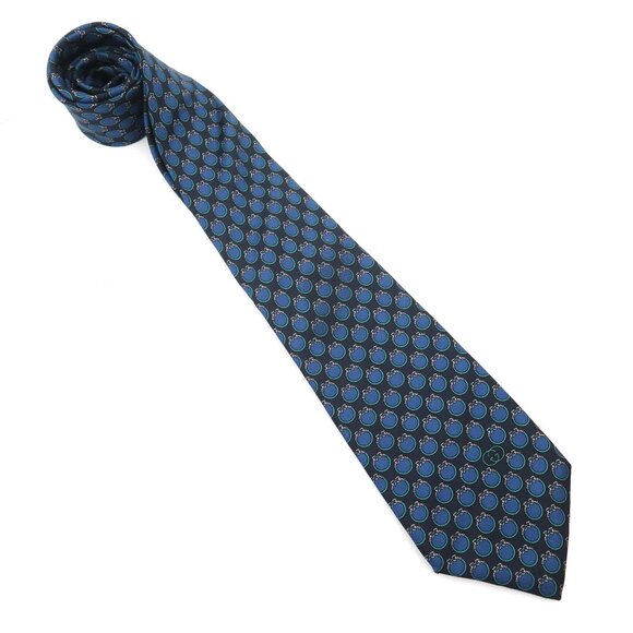 vtg GUCCI blue Horse bit circles silk tie - Picture 1 of 5